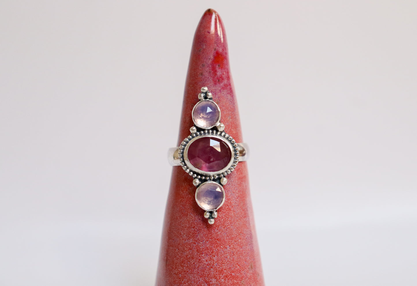 Ruby + Lavender Quartz Trio Ring: ooak