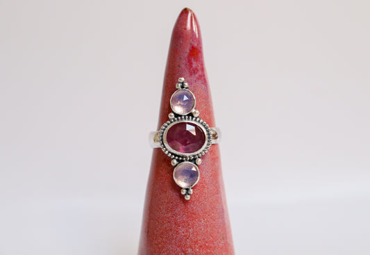 Ruby + Lavender Quartz Trio Ring: ooak