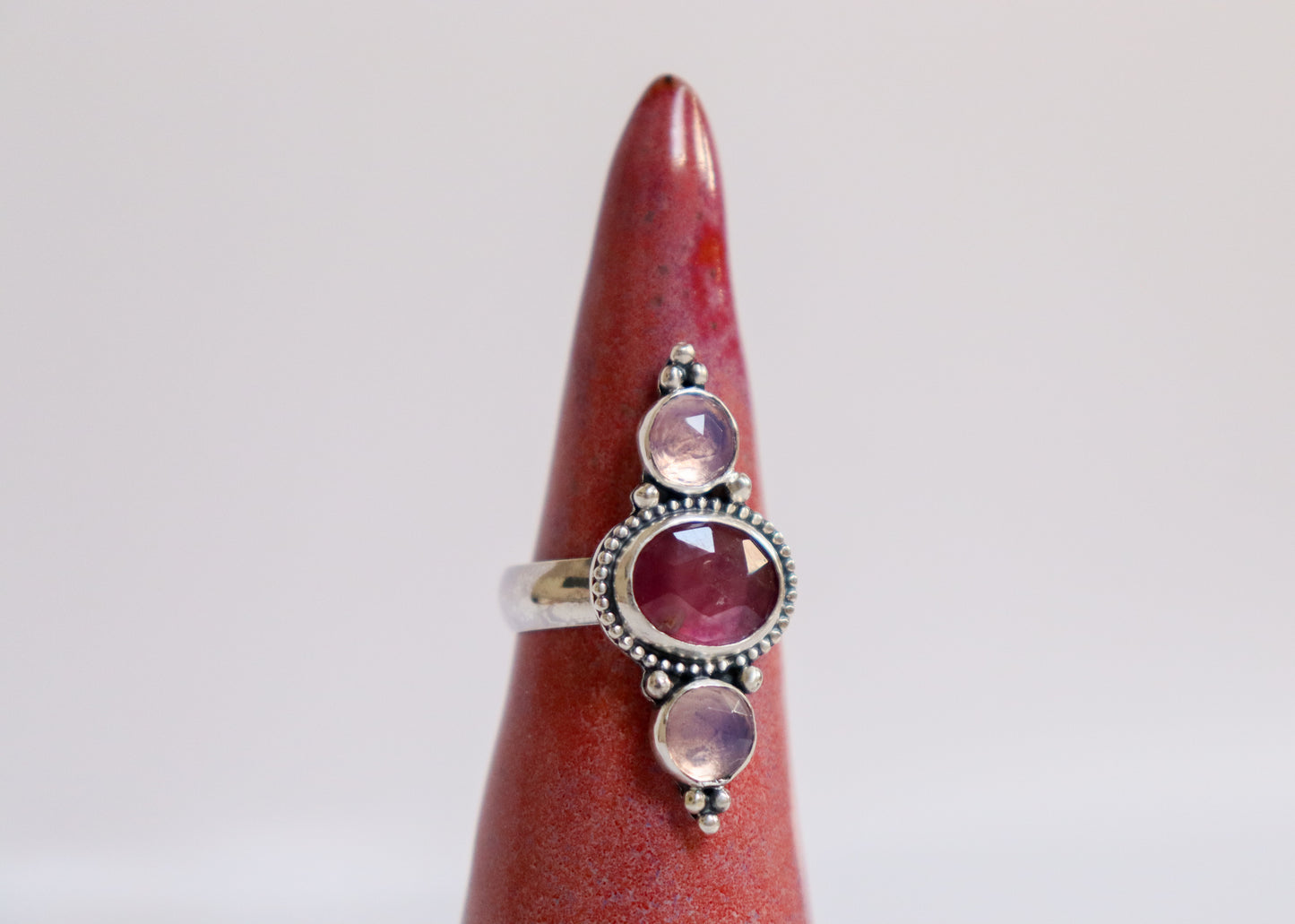 Ruby + Lavender Quartz Trio Ring: ooak