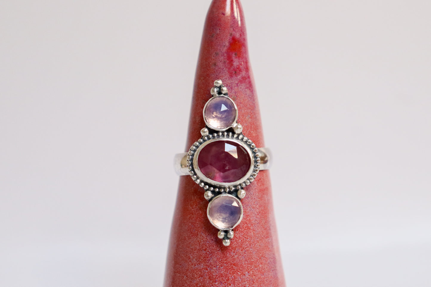 Ruby + Lavender Quartz Trio Ring: ooak